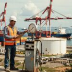 Trabalhador de colete laranja verifica medidores de pressão em terminal portuário com guindastes e navios ao fundo, infraestrutura energética