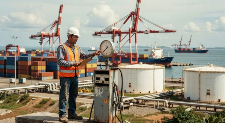 Trabalhador de colete laranja verifica medidores de pressão em terminal portuário com guindastes e navios ao fundo, infraestrutura energética