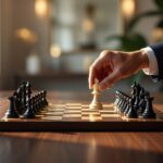 Executivo de terno movendo peça de rei branca em tabuleiro de xadrez durante estratégia empresarial decisão econômica