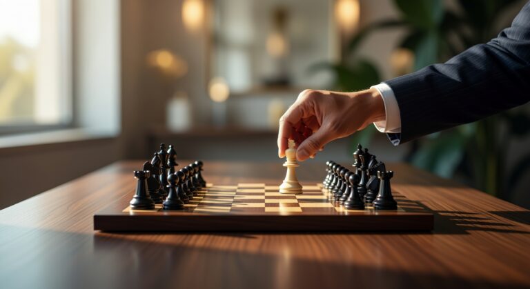 Executivo de terno movendo peça de rei branca em tabuleiro de xadrez durante estratégia empresarial decisão econômica