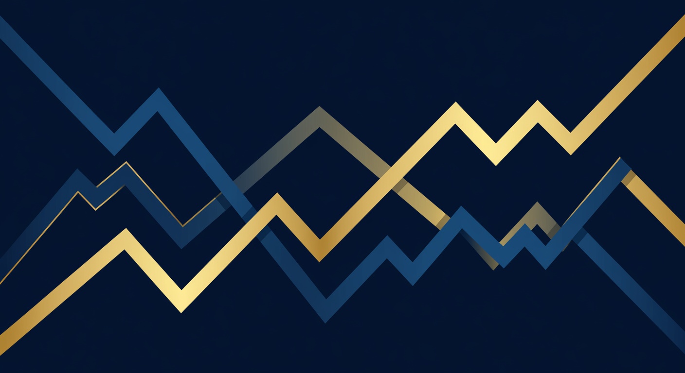 Gráfico do Ibovespa mostrando oscilações do índice da bolsa brasileira com cores azul marinho e dourado