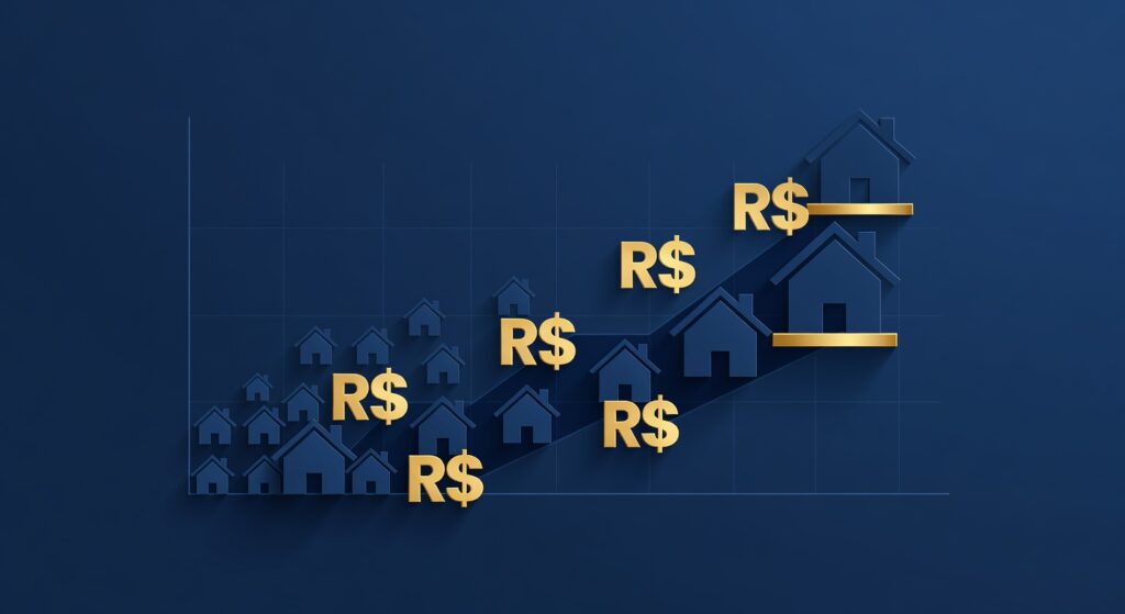 Gráfico mostrando a evolução do IGP-M com ícones de casa e dinheiro representando o impacto no aluguel