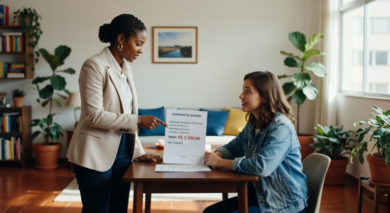Duas mulheres em escritório analisando contrato de locação no valor de R$ 2.500,00, mercado imobiliário economia