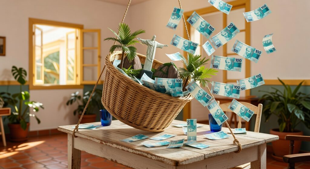 Cesta de vime com notas de cem reais voando ao vento em ambiente doméstico, imposto de renda cashback
