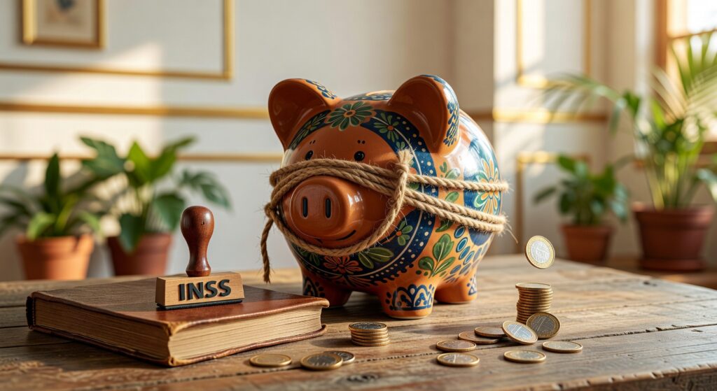 Cofre de porco decorativo com corda amarrada, carimbo do INSS sobre livro e moedas espalhadas representando crédito consignado