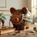 Cofre de porco decorativo com corda amarrada, carimbo do INSS sobre livro e moedas espalhadas representando crédito consignado