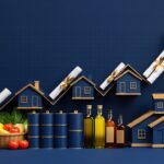 Gráfico mostrando variação do IPCA com elementos visuais de produtos do cotidiano brasileiro