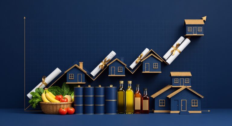 Gráfico mostrando variação do IPCA com elementos visuais de produtos do cotidiano brasileiro