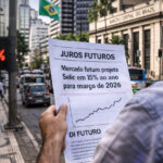 Homem segurando documento sobre juros futuros com projeção da Selic em rua do Brasil