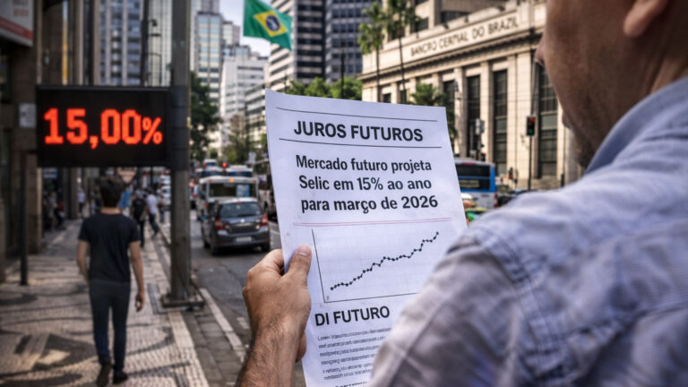 Homem segurando documento sobre juros futuros com projeção da Selic em rua do Brasil