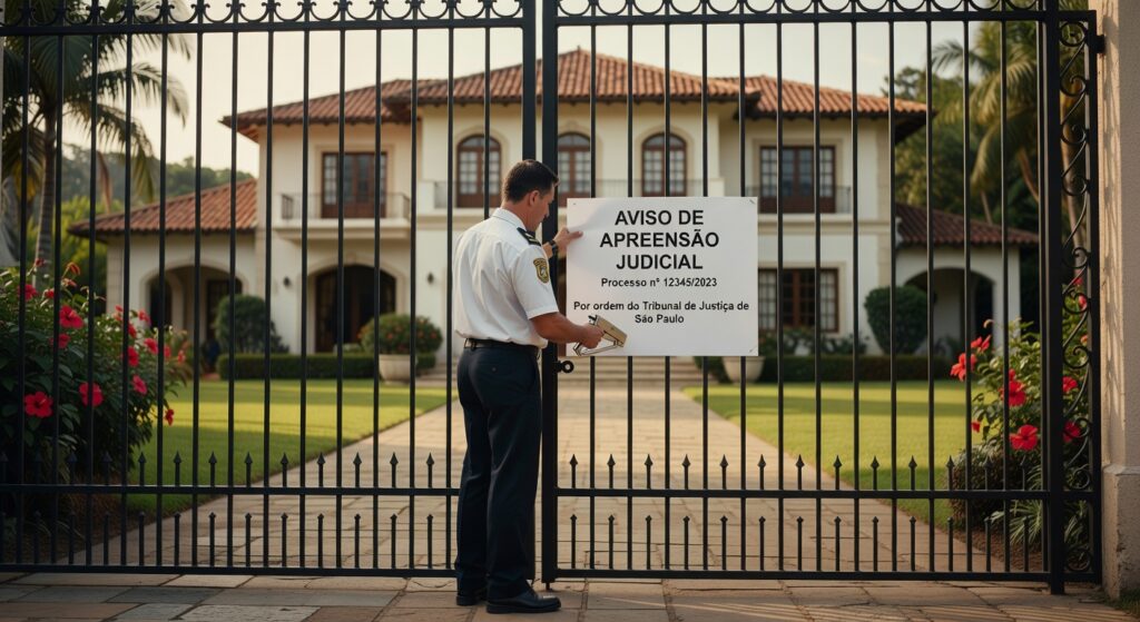 Oficial de justiça fixando aviso de apreensão judicial em portão de mansão, processo tribunal São Paulo patrimônio