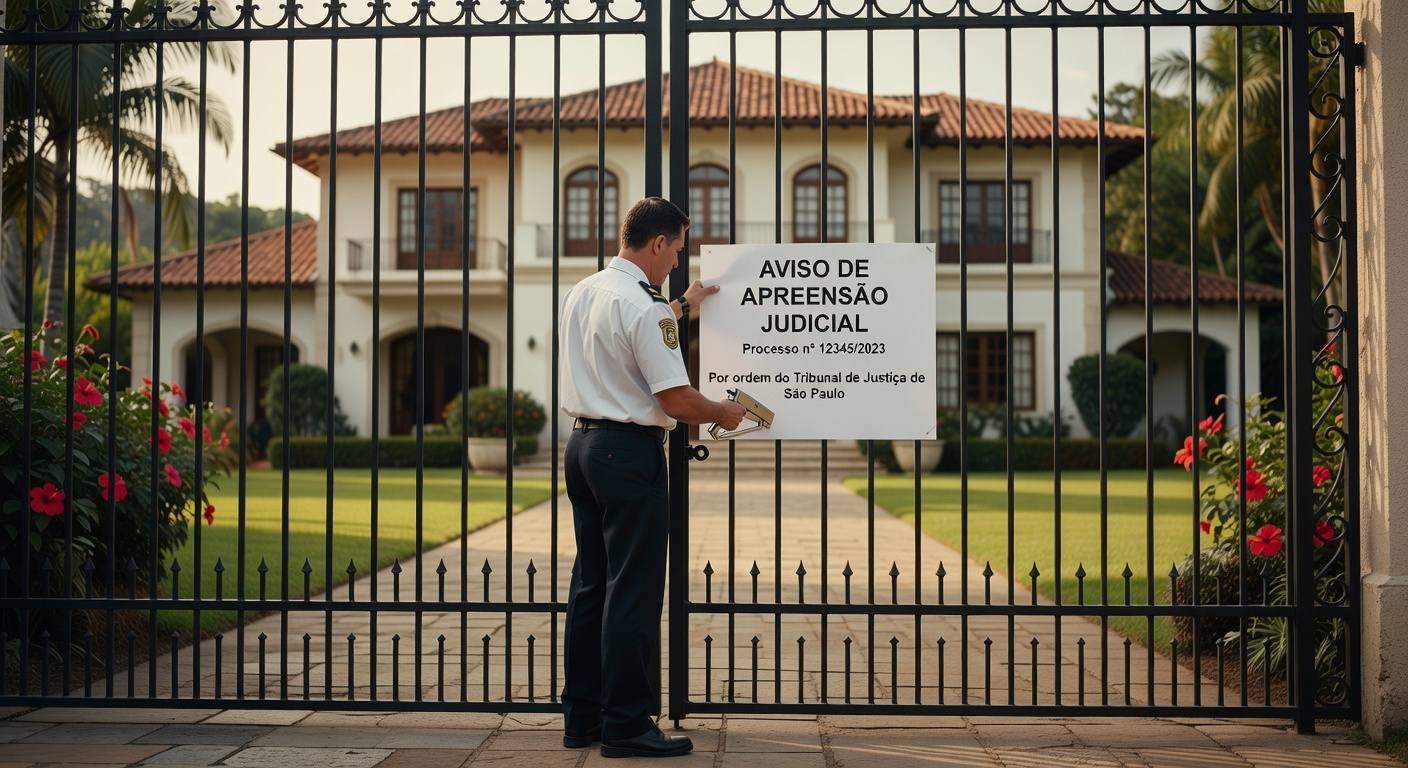 Oficial de justiça fixando aviso de apreensão judicial em portão de mansão, processo tribunal São Paulo patrimônio