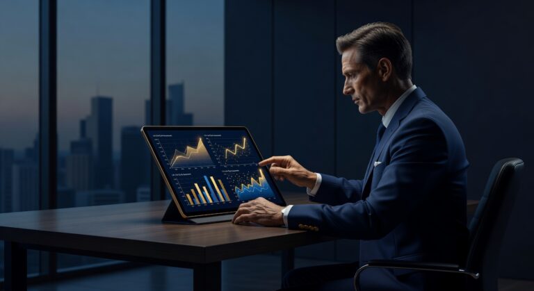 Pessoa analisando investimentos LCI e LCA em tablet com gráficos financeiros