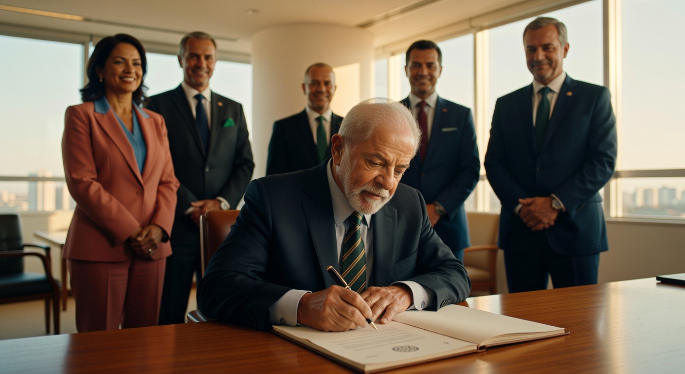 Homem de terno assinando documento em mesa de madeira com autoridades ao fundo em ambiente corporativo salários públicos