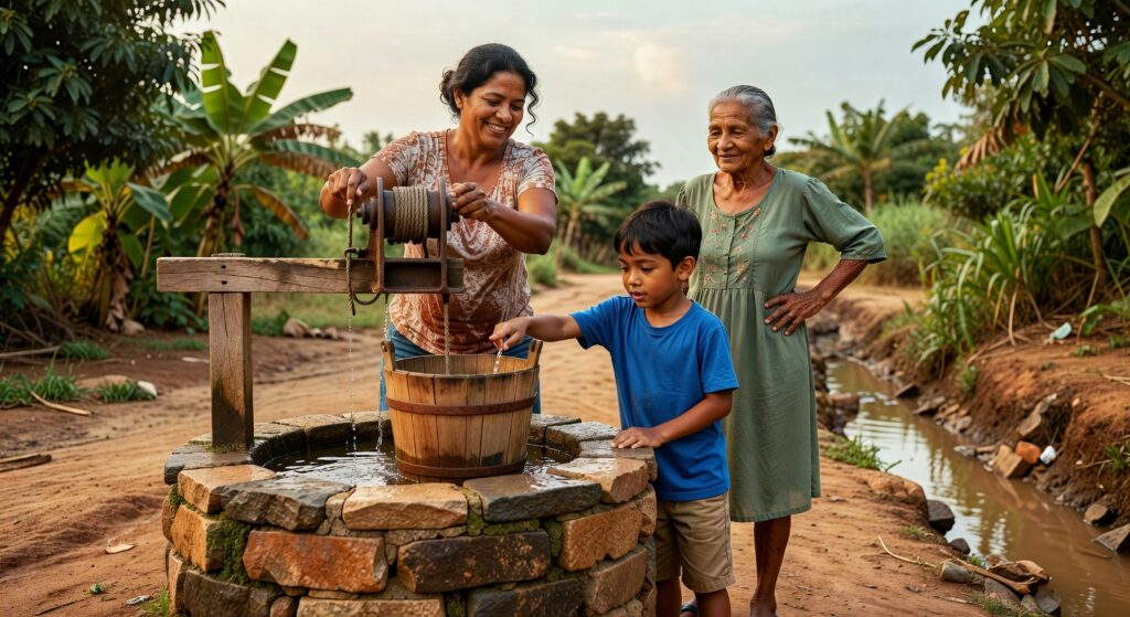 Família brasileira retira água de poço artesanal com balde em área rural, representando infraestrutura básica saneamento
