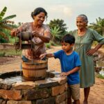 Família brasileira retira água de poço artesanal com balde em área rural, representando infraestrutura básica saneamento
