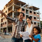 Família com documentos observa obras de construção civil de edifício residencial programa habitacional