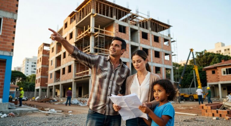 Família com documentos observa obras de construção civil de edifício residencial programa habitacional