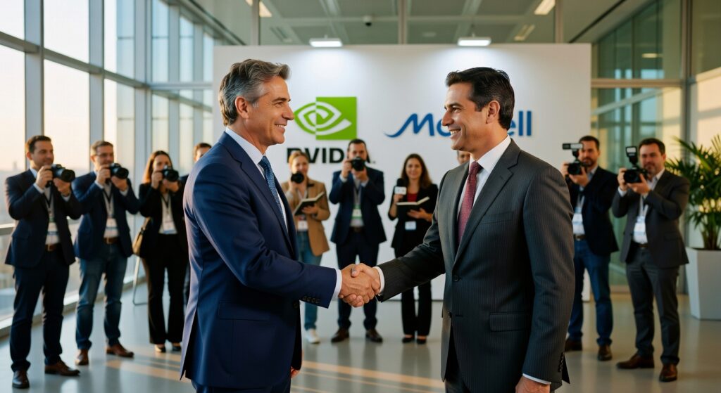 Dois executivos em ternos apertando as mãos em evento corporativo com logos Nvidia e Megatrail ao fundo, investimento chips