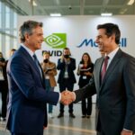Dois executivos em ternos apertando as mãos em evento corporativo com logos Nvidia e Megatrail ao fundo, investimento chips