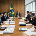 Mesa de reunião com executivos em trajes formais, documentos e bandeira do Brasil ao fundo - política monetária BCB