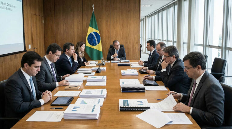 Mesa de reunião com executivos em trajes formais, documentos e bandeira do Brasil ao fundo - política monetária BCB