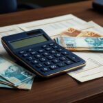 Calculadora, dinheiro brasileiro e documento de imposto de renda sobre mesa, representando cálculo de IR