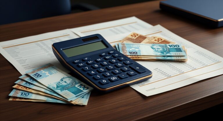 Calculadora, dinheiro brasileiro e documento de imposto de renda sobre mesa, representando cálculo de IR