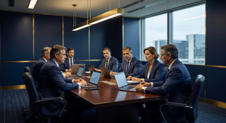 Reunião do Copom com representantes do Banco Central discutindo política monetária em sala moderna