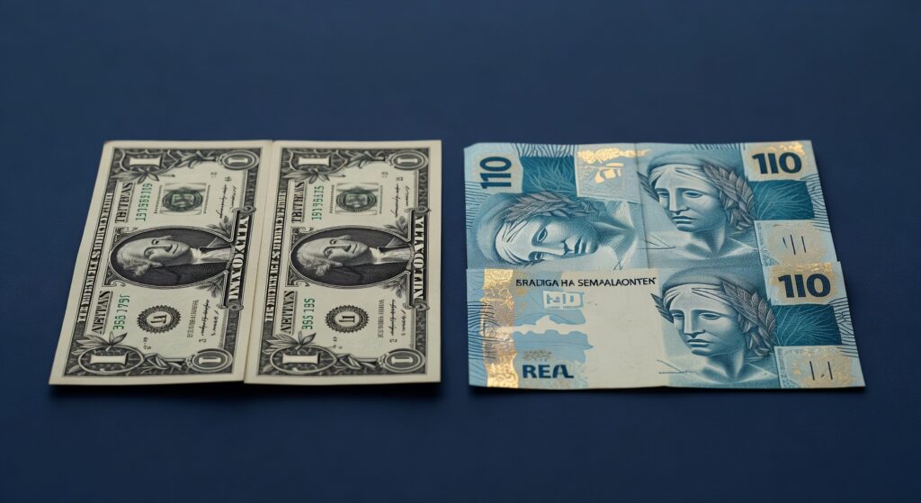 Notas de dólar americano e real brasileiro lado a lado representando a relação cambial entre as moedas