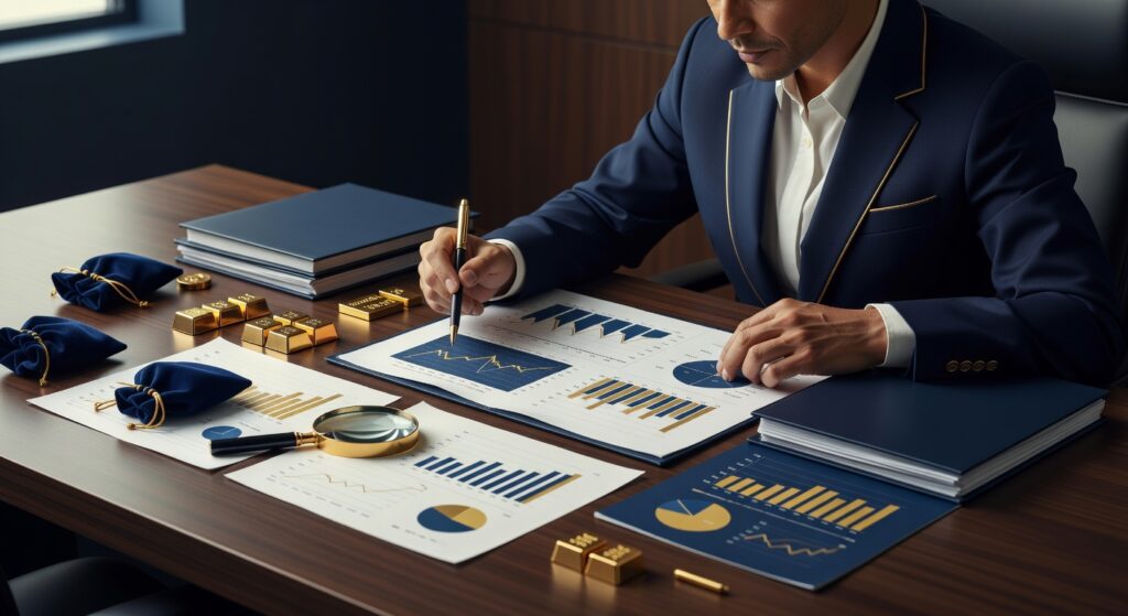 Pessoa pensativa analisando diferentes opções de investimento em uma mesa com documentos financeiros em tons azul marinho e dourado