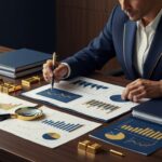 Pessoa pensativa analisando diferentes opções de investimento em uma mesa com documentos financeiros em tons azul marinho e dourado