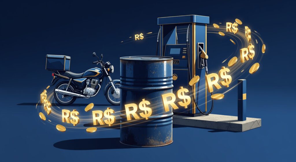 Barril de petróleo com símbolos econômicos brasileiros representando impacto no cotidiano