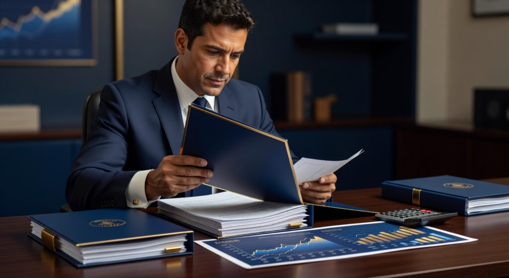 Pessoa organizando documentos de previdência privada e calculadora com gráficos de investimento