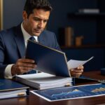 Pessoa organizando documentos de previdência privada e calculadora com gráficos de investimento