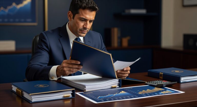 Pessoa organizando documentos de previdência privada e calculadora com gráficos de investimento