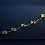 Gráfico de ações subindo com símbolos de dinheiro brasileiro, representando investimentos em ações para iniciantes
