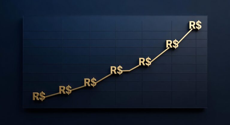 Gráfico de ações subindo com símbolos de dinheiro brasileiro, representando investimentos em ações para iniciantes