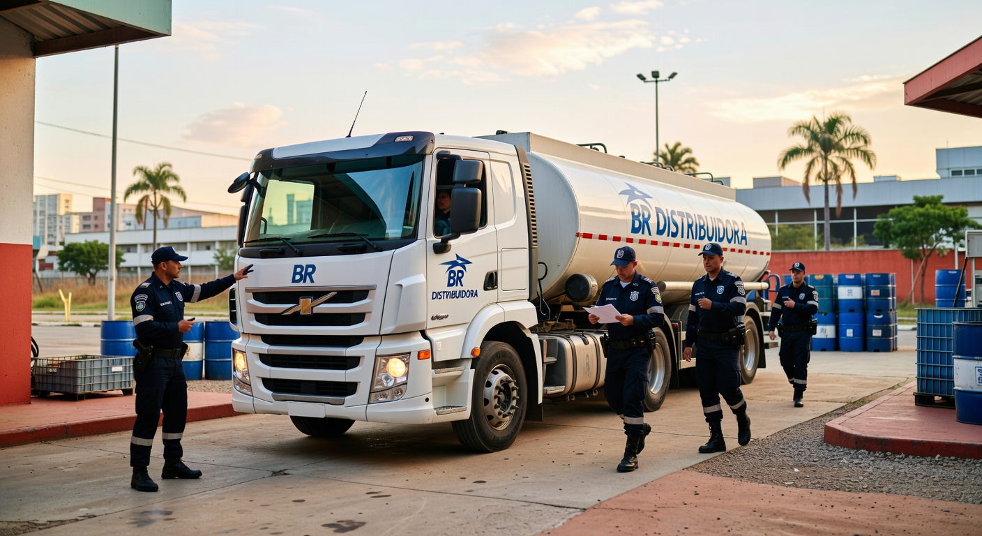 Caminhão-tanque branco da BR Distribuidora cercado por quatro policiais uniformizados em operação de fiscalização combustíveis
