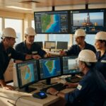 Técnicos da Petrobras com capacetes brancos analisam dados em monitores na sala de controle offshore petróleo