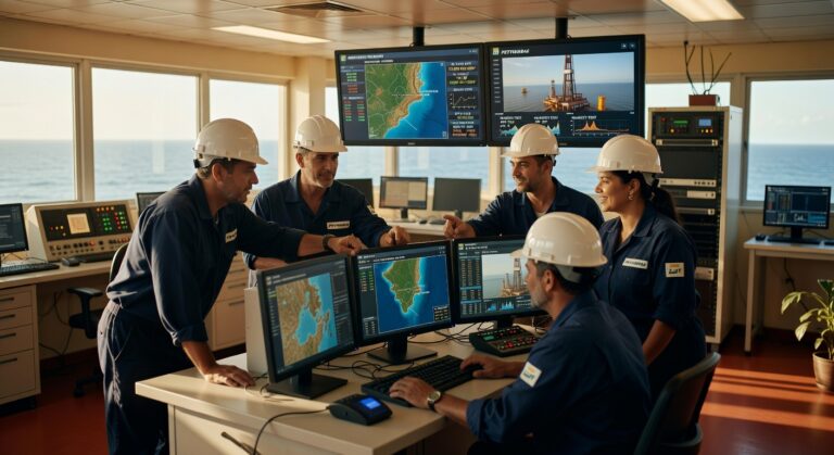 Técnicos da Petrobras com capacetes brancos analisam dados em monitores na sala de controle offshore petróleo