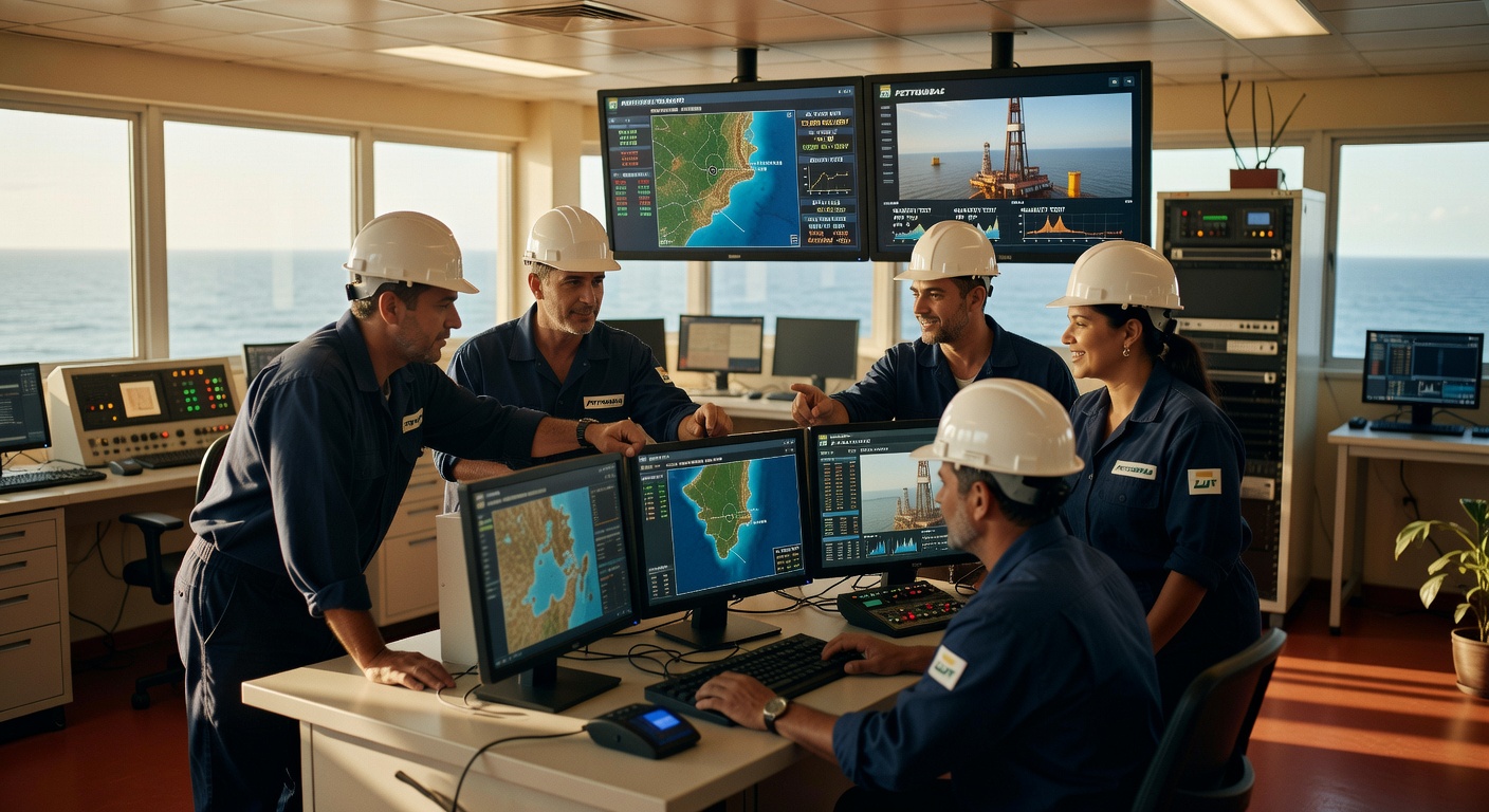 Técnicos da Petrobras com capacetes brancos analisam dados em monitores na sala de controle offshore petróleo