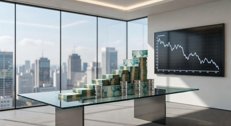 Logo da Petrobras com gráficos mostrando crescimento de lucro de 198,9% apesar da queda no preço do petróleo Brent