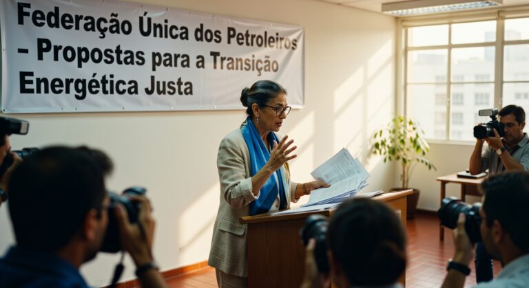 Representante da Federação Única dos Petroleiros apresenta propostas para transição energética em coletiva de imprensa com jornalistas
