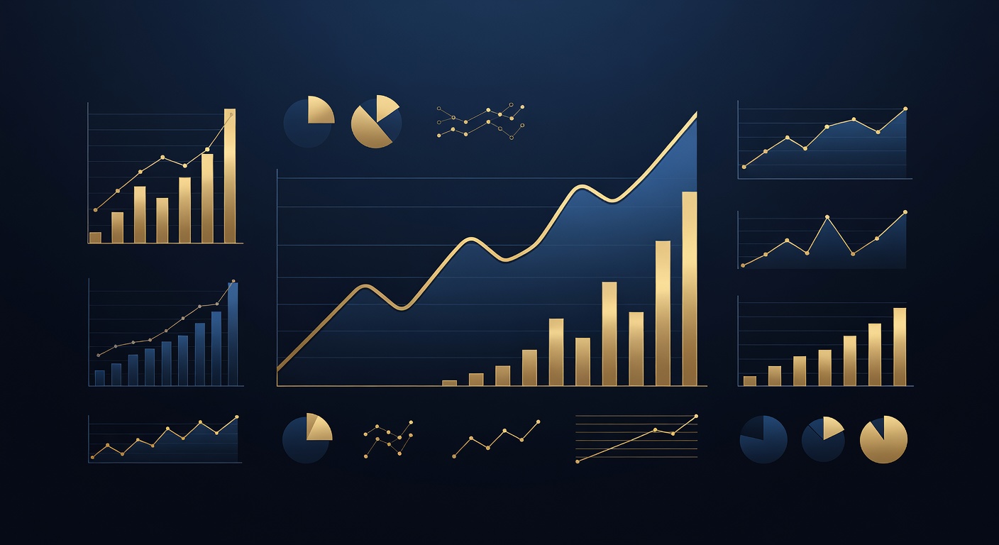 Gráfico mostrando crescimento do PIB brasileiro com elementos visuais em azul e dourado