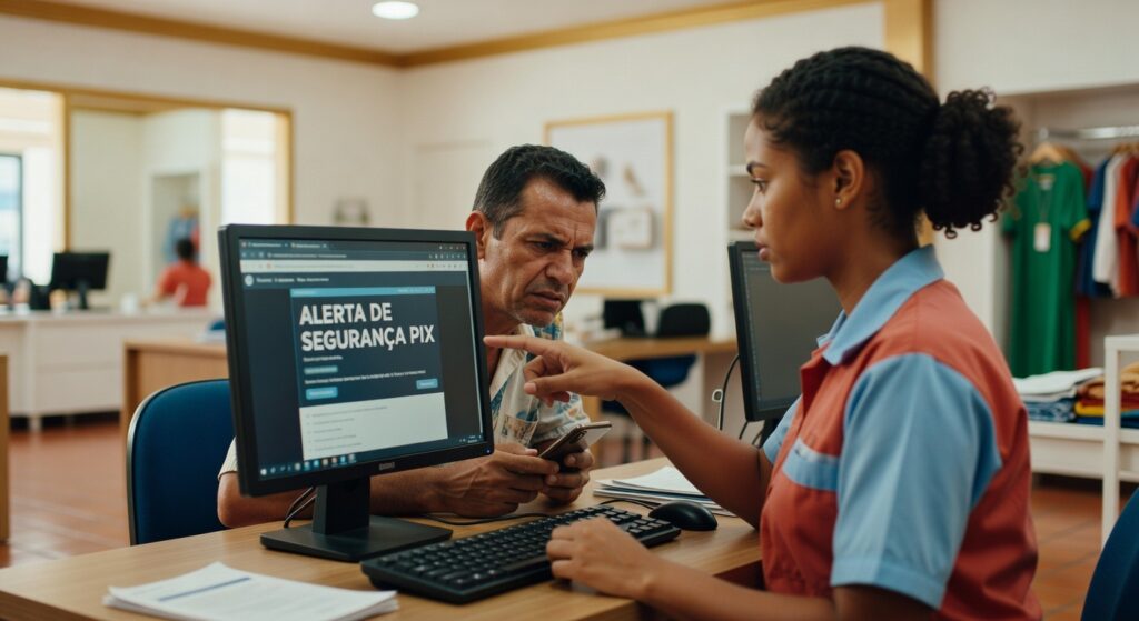 Funcionária de banco explicando sistema Pix em computador para cliente masculino, segurança digital, pagamentos