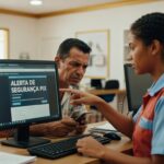 Funcionária de banco explicando sistema Pix em computador para cliente masculino, segurança digital, pagamentos