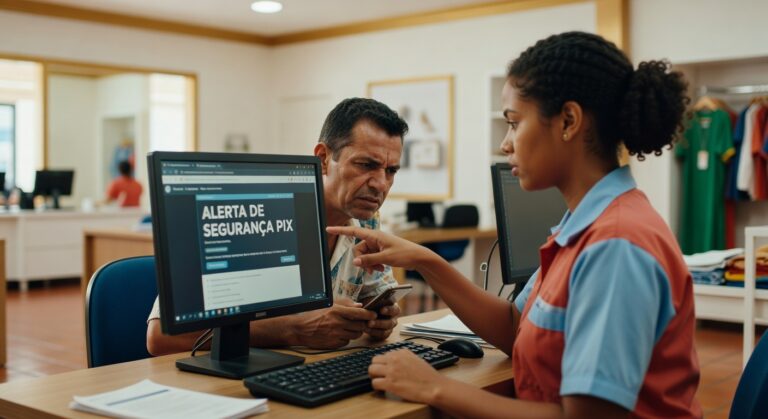 Funcionária de banco explicando sistema Pix em computador para cliente masculino, segurança digital, pagamentos