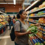 Mulher segura alface verde em corredor de supermercado com produtos industrializados nas prateleiras, consumo alimentar