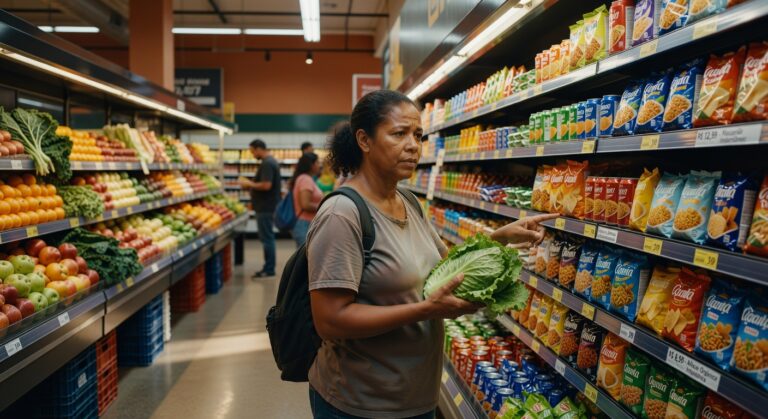 Mulher segura alface verde em corredor de supermercado com produtos industrializados nas prateleiras, consumo alimentar
